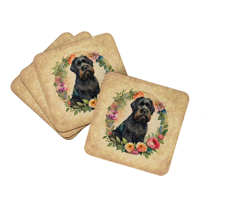 Black Russian Terrier and Flowers Coasters - Set of 4 Lightweight Foam, Absorbent Drink Coasters