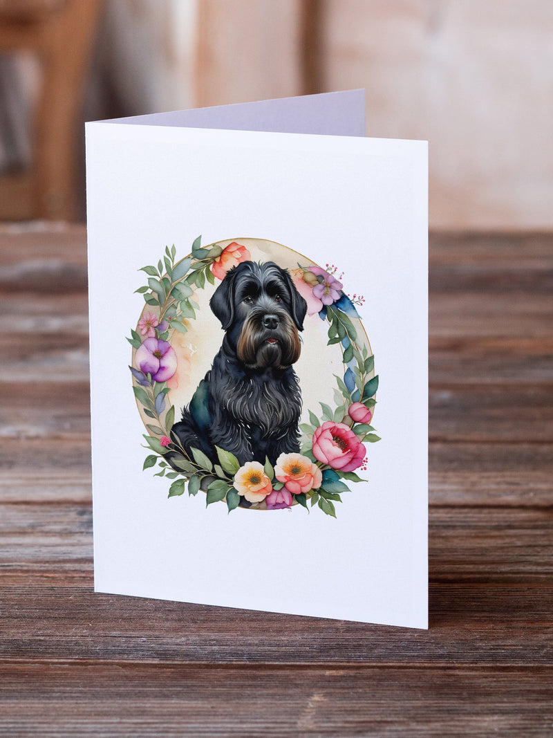 Black Russian Terrier and Flowers Greeting Cards -  Blank Note Cards – 8-Pack of Artist-Designed Cards with Envelopes