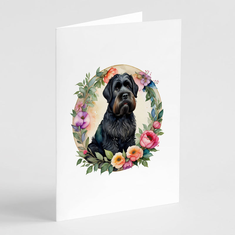 Black Russian Terrier and Flowers Greeting Cards -  Blank Note Cards – 8-Pack of Artist-Designed Cards with Envelopes