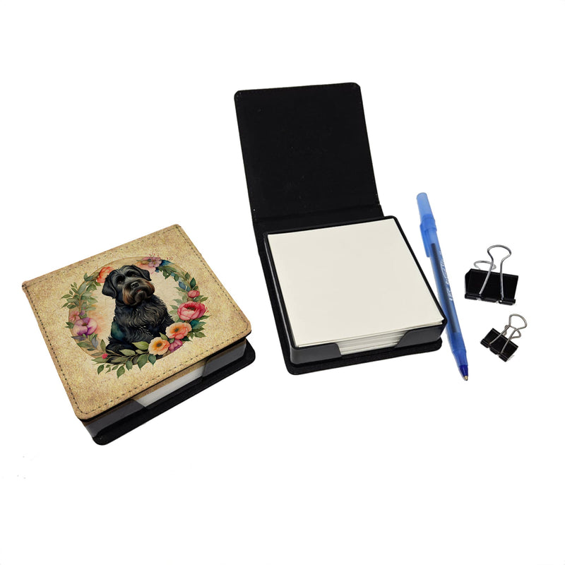 Black Russian Terrier and Flowers PU Leather Note Paper Holder