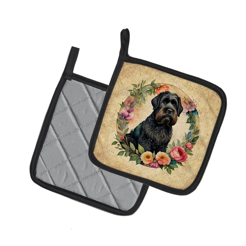 Black Russian Terrier and Flowers Pot Holders - Set of 2 Decorative Kitchen Helpers | Made in the USA