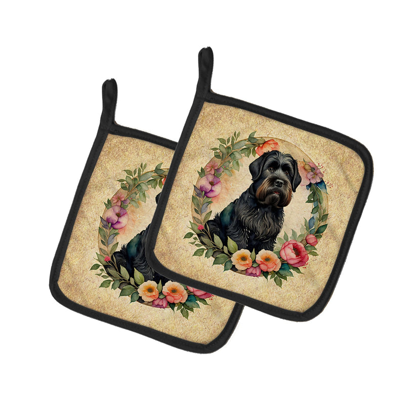 Black Russian Terrier and Flowers Pot Holders - Set of 2 Decorative Kitchen Helpers | Made in the USA