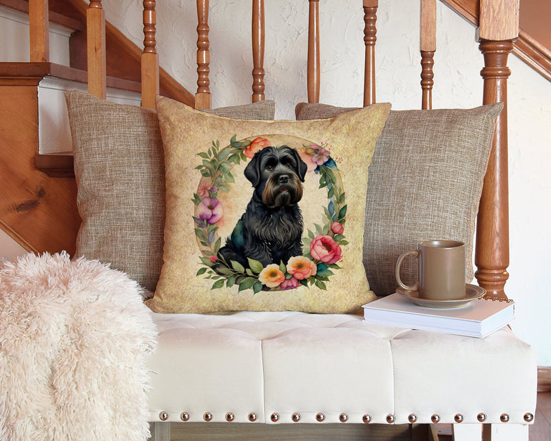 Black Russian Terrier and Flowers Throw Pillow - 14x14 Decorative Pillow – Art for Your Home & Patio