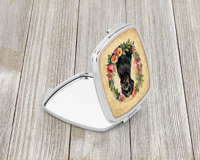 Black Russian Terrier and Flowers Compact Mirror – Stylish Purse Mirror with Artistic Covers