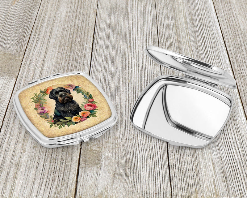 Black Russian Terrier and Flowers Compact Mirror – Stylish Purse Mirror with Artistic Covers