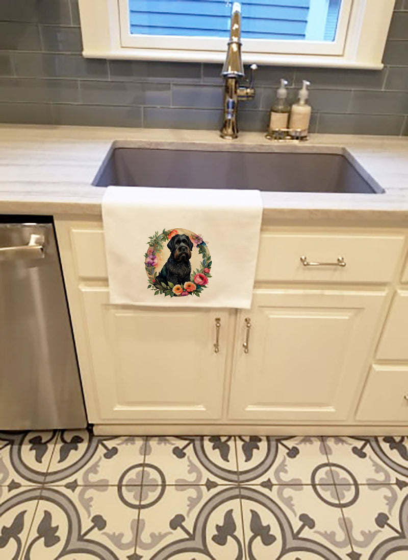 Black Russian Terrier and Flowers Kitchen Towel Set of 2
