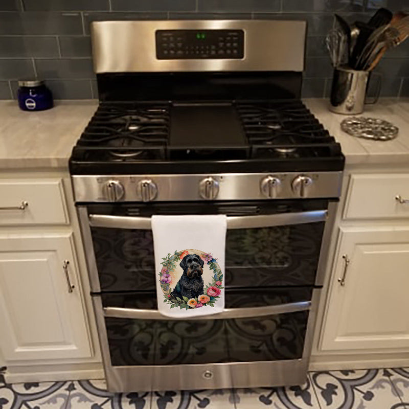 Black Russian Terrier and Flowers Kitchen Towel Set of 2