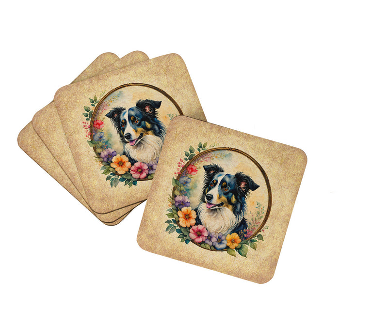 Border Collie and Flowers Coasters - Set of 4 Lightweight Foam, Absorbent Drink Coasters