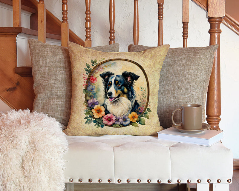 Border Collie and Flowers Throw Pillow - 14x14 Decorative Pillow – Art for Your Home & Patio