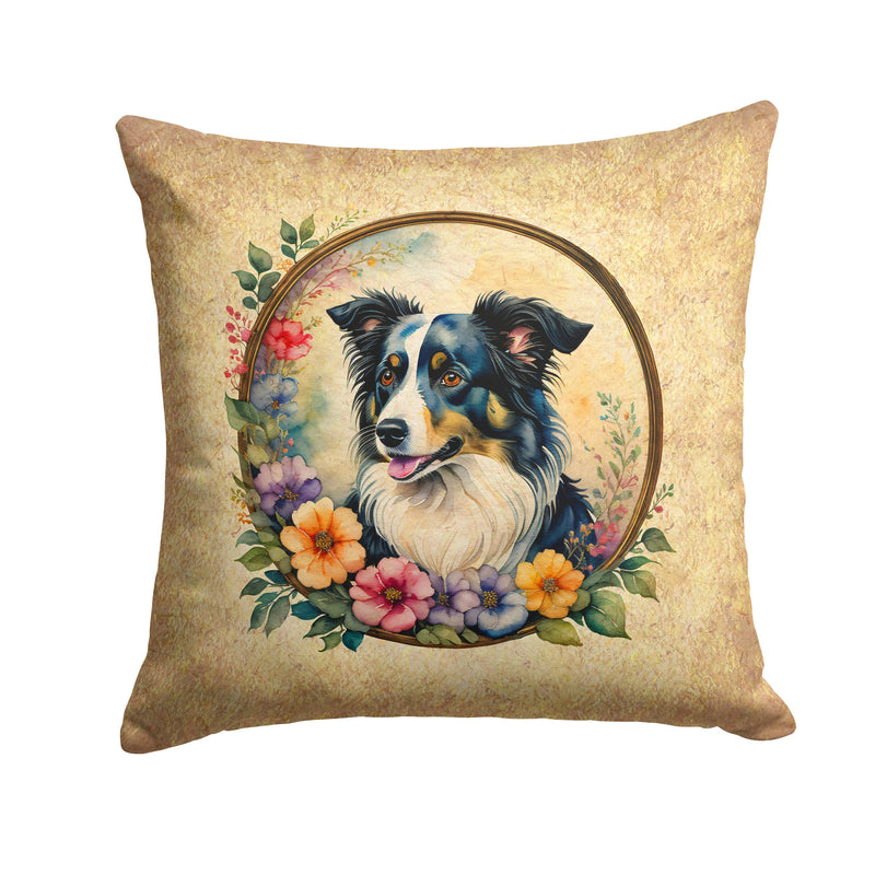 Border Collie and Flowers Fabric Decorative Pillow