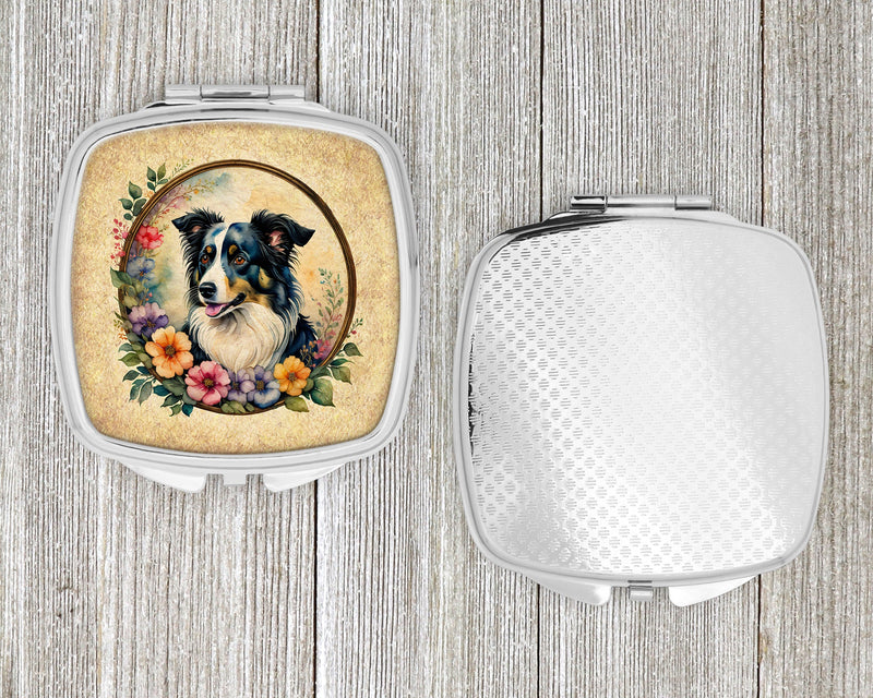 Border Collie and Flowers Compact Mirror – Stylish Purse Mirror with Artistic Covers