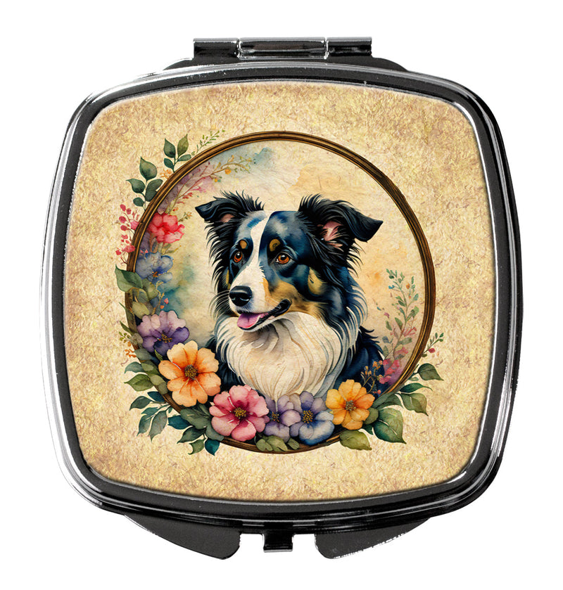 Border Collie and Flowers Compact Mirror – Stylish Purse Mirror with Artistic Covers