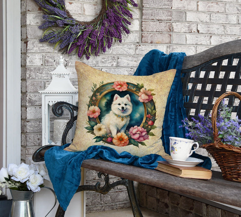 Japanese Spitz and Flowers Fabric Decorative Pillow