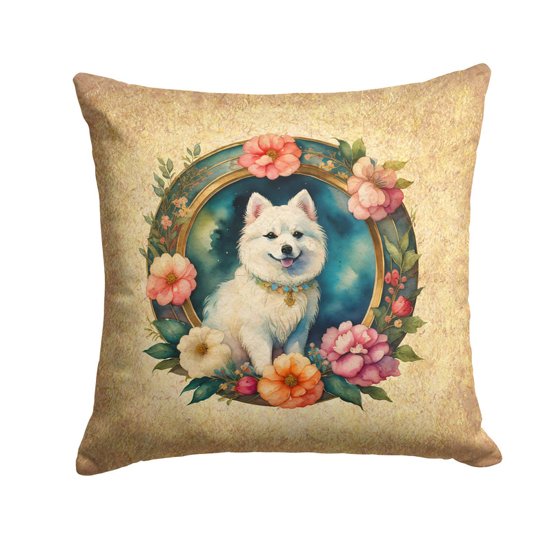 Japanese Spitz and Flowers Fabric Decorative Pillow