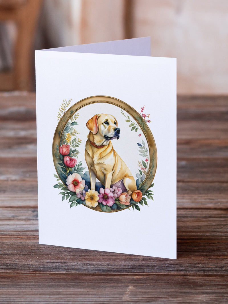 Yellow Labrador Retriever and Flowers Greeting Cards and Envelopes Pack of 8