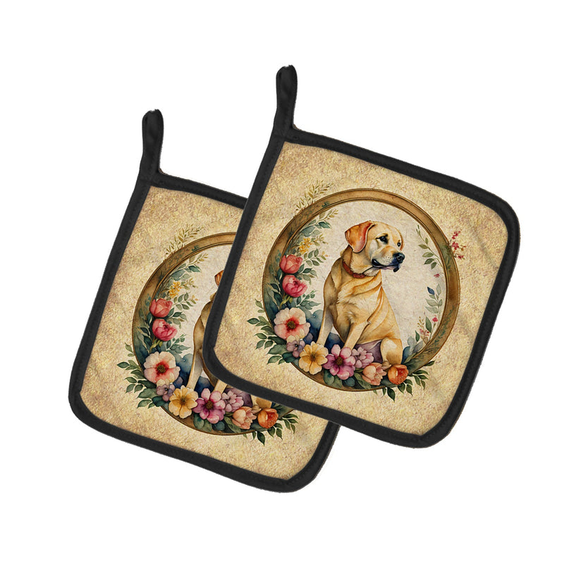 Yellow Labrador Retriever and Flowers Pair of Pot Holders