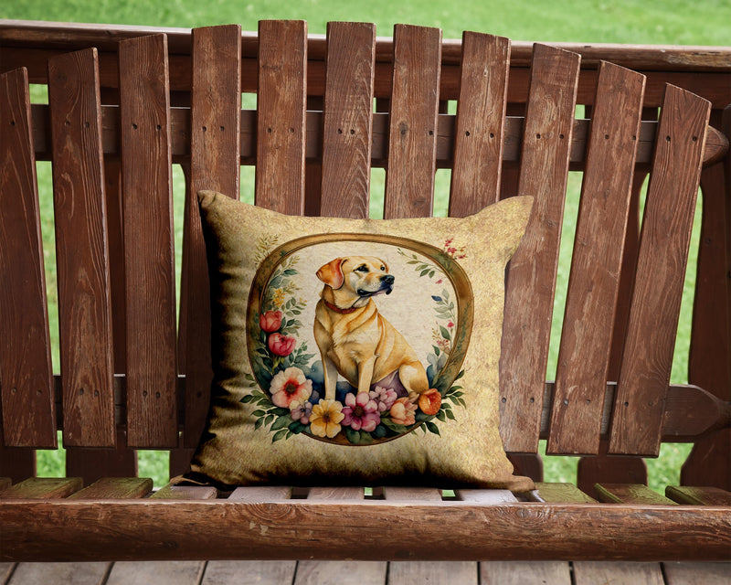 Yellow Labrador Retriever and Flowers Fabric Decorative Pillow