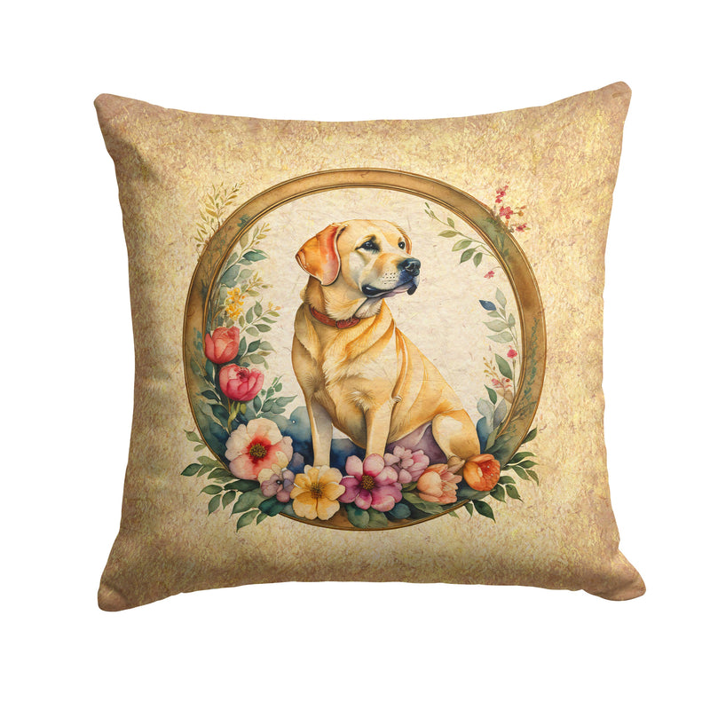 Yellow Labrador Retriever and Flowers Fabric Decorative Pillow