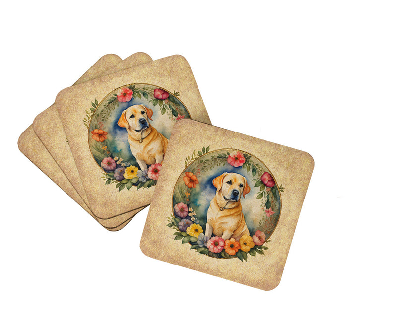 Yellow Labrador Retriever and Flowers Foam Coasters