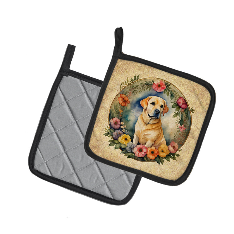 Yellow Labrador Retriever and Flowers Pair of Pot Holders