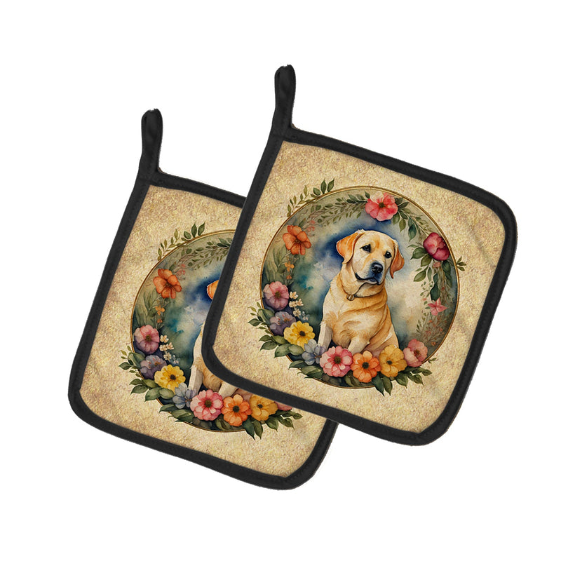 Yellow Labrador Retriever and Flowers Pair of Pot Holders