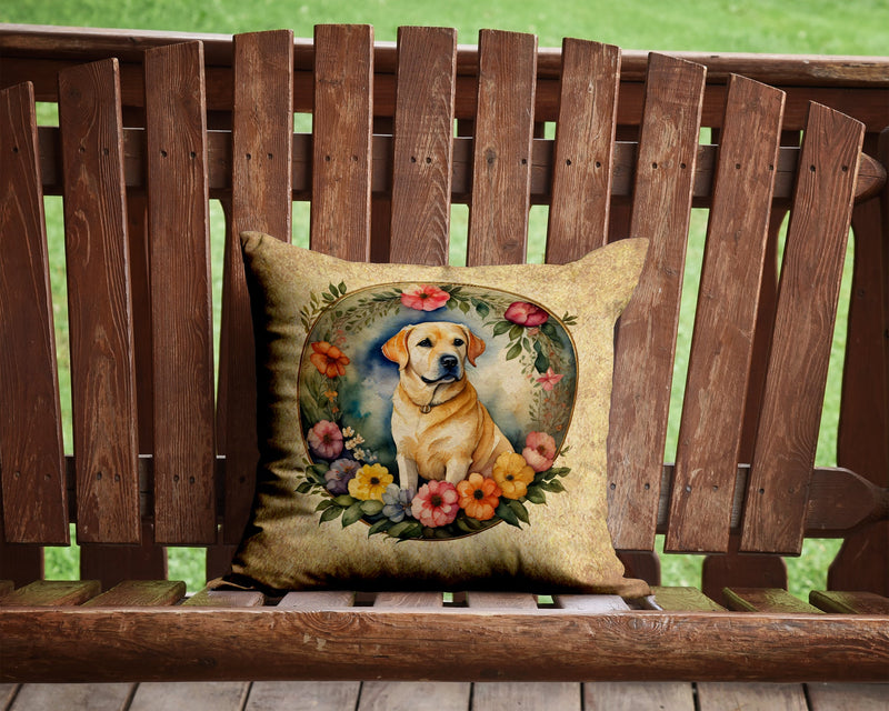 Yellow Labrador Retriever and Flowers Fabric Decorative Pillow