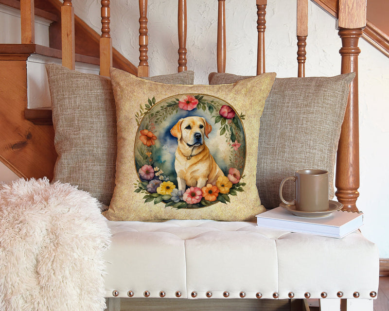 Yellow Labrador Retriever and Flowers Fabric Decorative Pillow