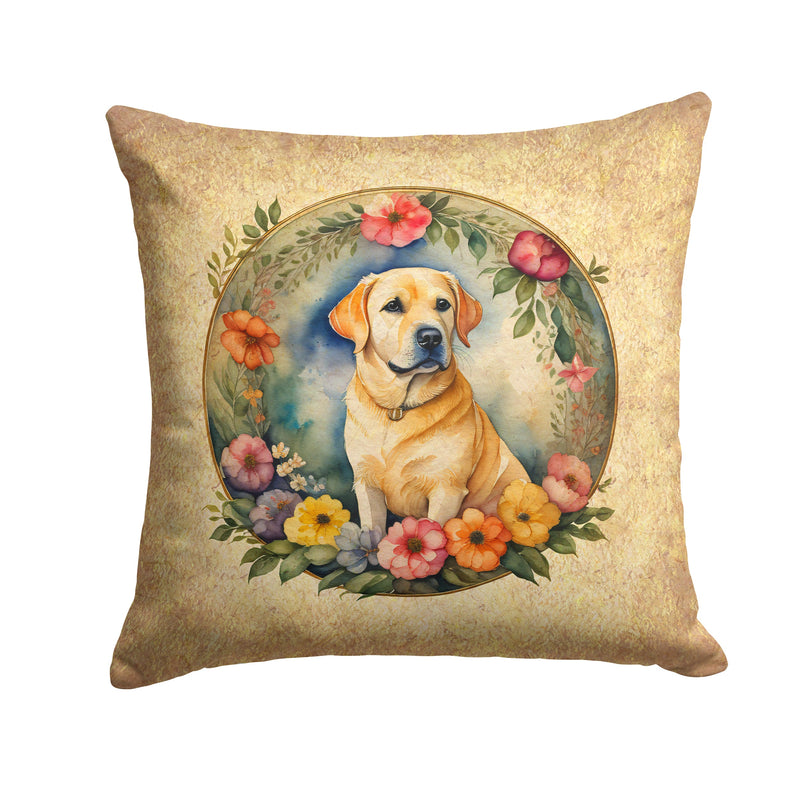 Yellow Labrador Retriever and Flowers Fabric Decorative Pillow