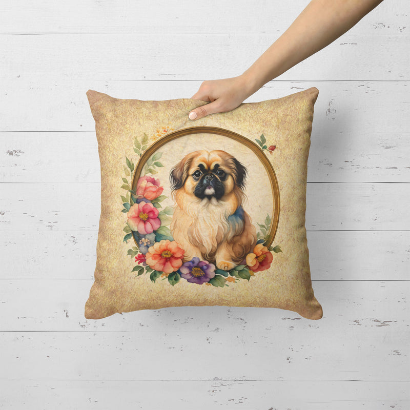 Pekingese and Flowers Fabric Decorative Pillow
