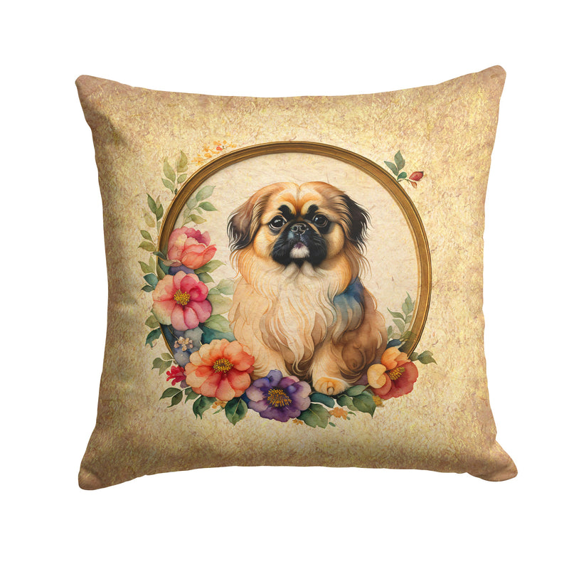 Pekingese and Flowers Fabric Decorative Pillow