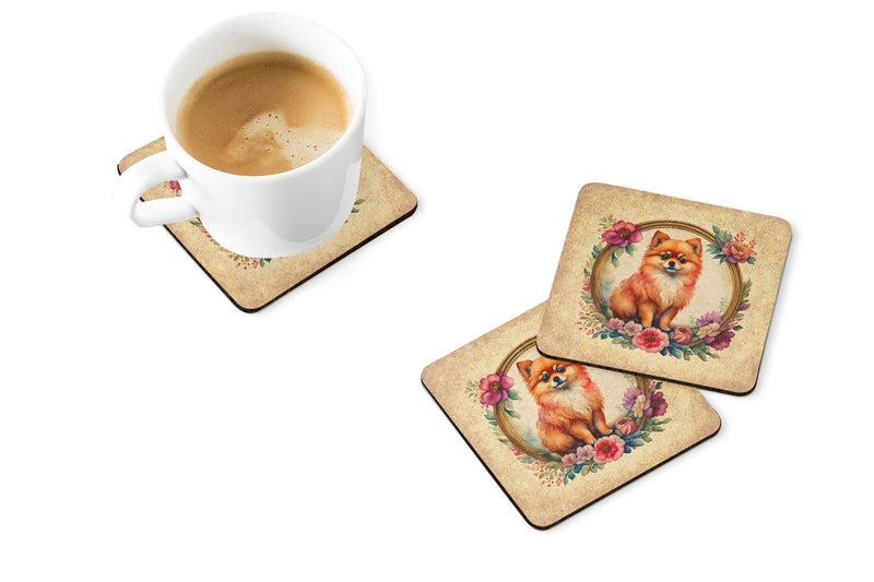 Pomeranian and Flowers Coasters - Set of 4 Lightweight Foam, Absorbent Drink Coasters