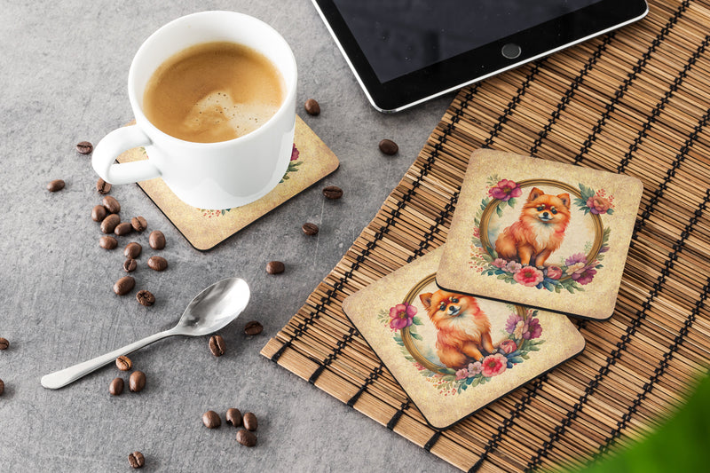 Pomeranian and Flowers Coasters - Set of 4 Lightweight Foam, Absorbent Drink Coasters