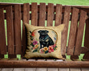 Black Pug and Flowers Throw Pillow - 14x14 Decorative Pillow – Art for Your Home & Patio
