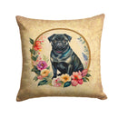 Black Pug and Flowers Throw Pillow - 14x14 Decorative Pillow – Art for Your Home & Patio