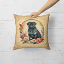Black Pug and Flowers Fabric Decorative Pillow