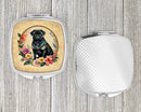 Black Pug and Flowers Compact Mirror – Stylish Purse Mirror with Artistic Covers