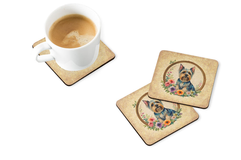 Silky Terrier and Flowers Coasters - Set of 4 Lightweight Foam, Absorbent Drink Coasters
