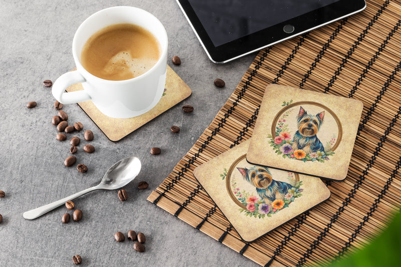 Silky Terrier and Flowers Coasters - Set of 4 Lightweight Foam, Absorbent Drink Coasters