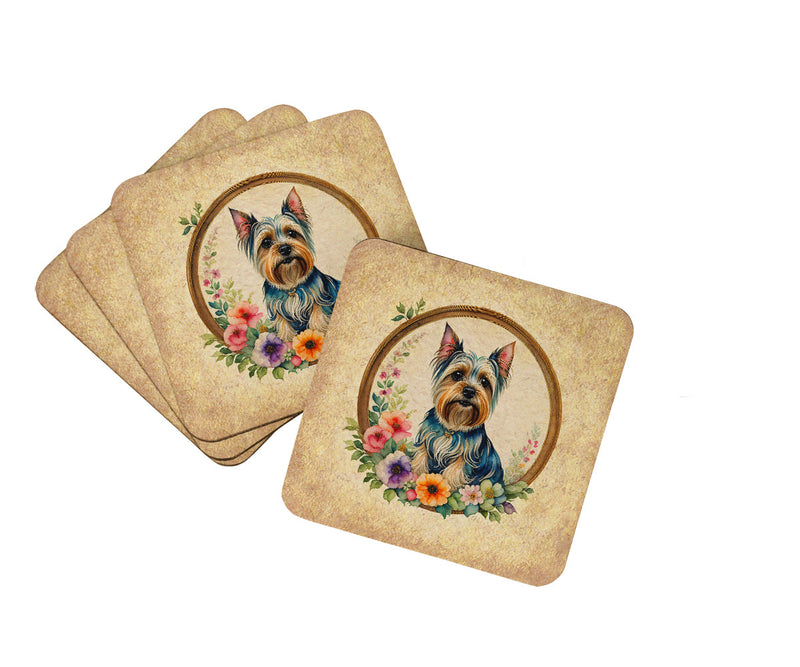 Silky Terrier and Flowers Coasters - Set of 4 Lightweight Foam, Absorbent Drink Coasters
