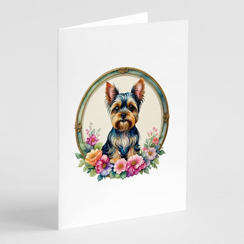 Yorkshire Terrier and Flowers Greeting Cards and Envelopes Pack of 8