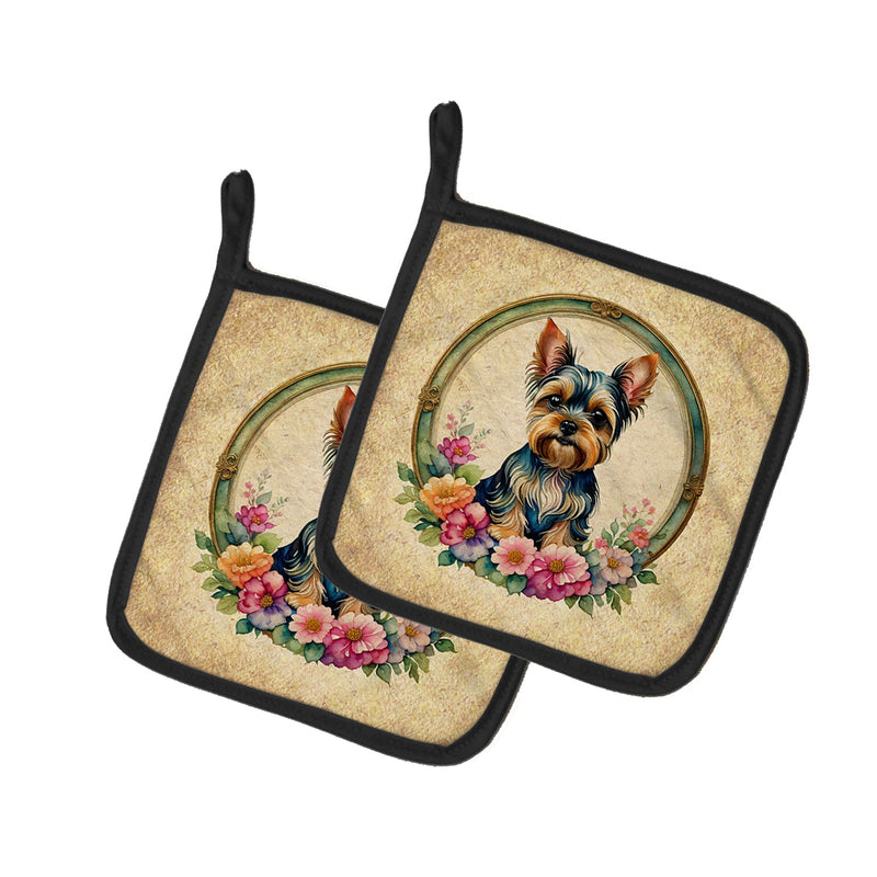 Yorkshire Terrier and Flowers Pair of Pot Holders