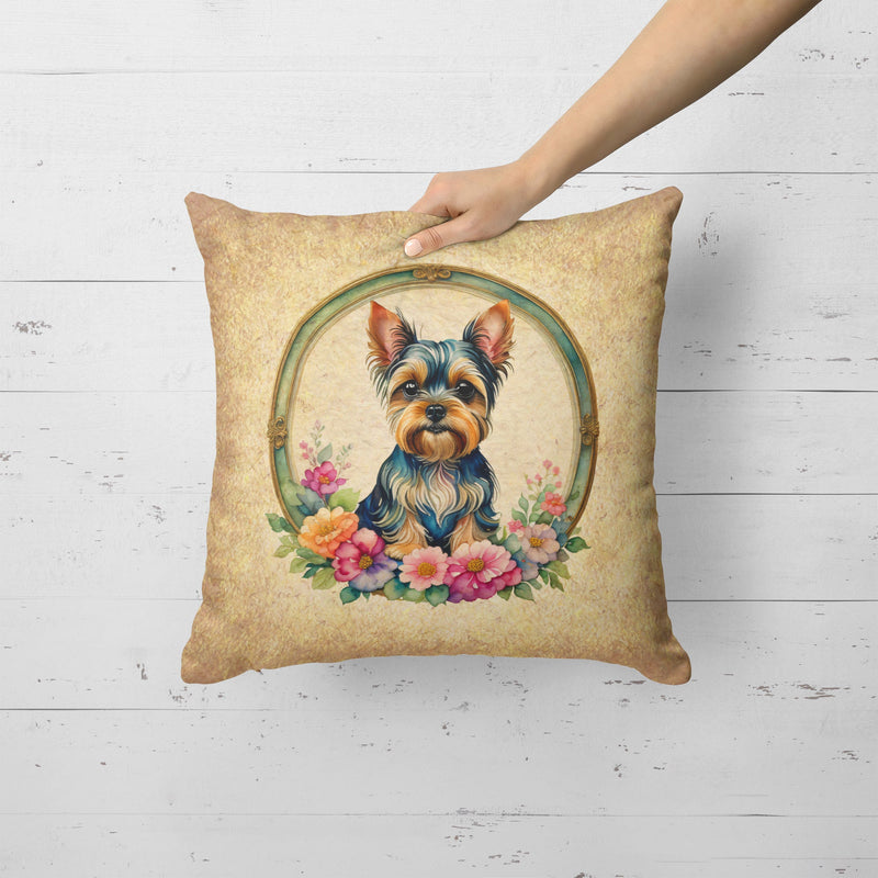 Yorkshire Terrier and Flowers Fabric Decorative Pillow