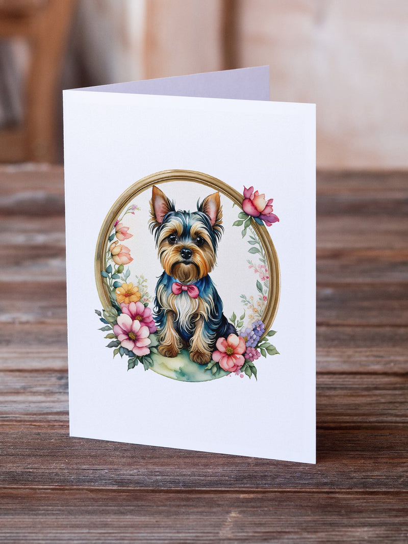 Yorkshire Terrier and Flowers Greeting Cards and Envelopes Pack of 8