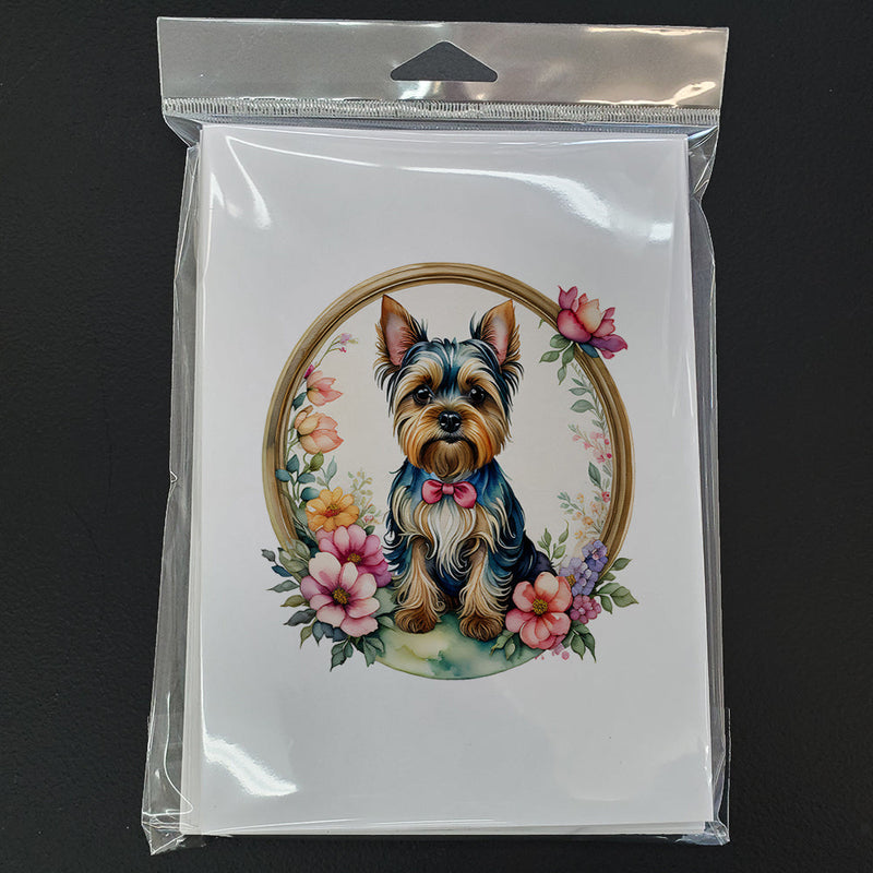 Yorkshire Terrier and Flowers Greeting Cards and Envelopes Pack of 8