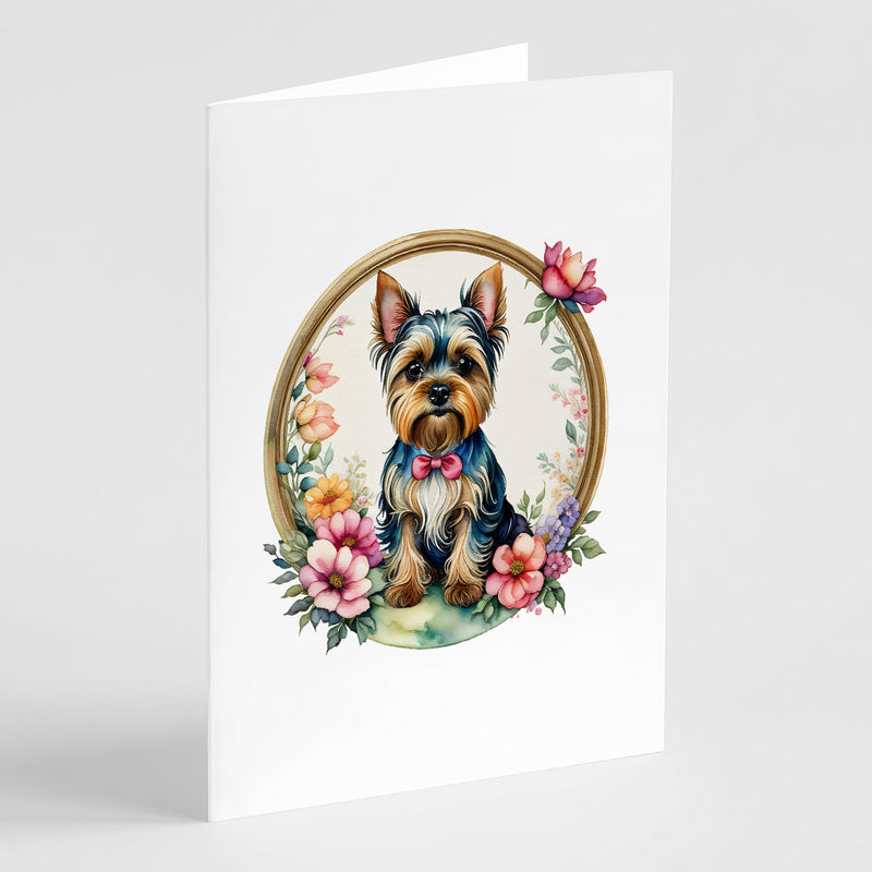 Yorkshire Terrier and Flowers Greeting Cards and Envelopes Pack of 8