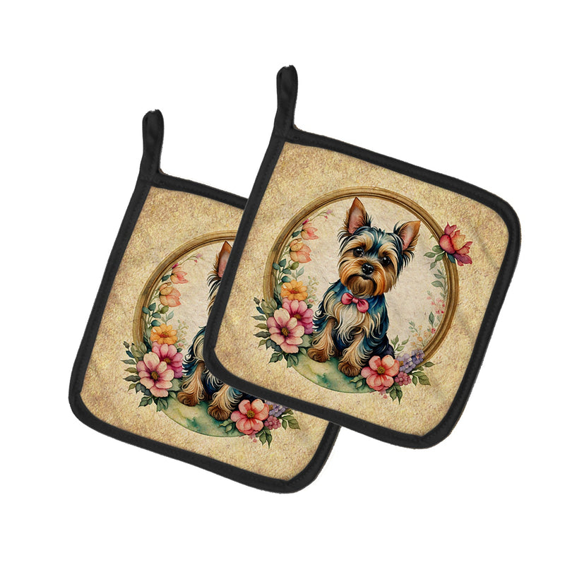 Yorkshire Terrier and Flowers Pair of Pot Holders