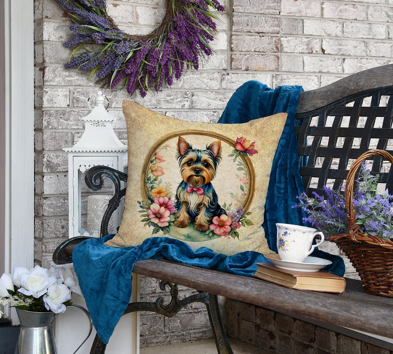 Yorkshire Terrier and Flowers Fabric Decorative Pillow