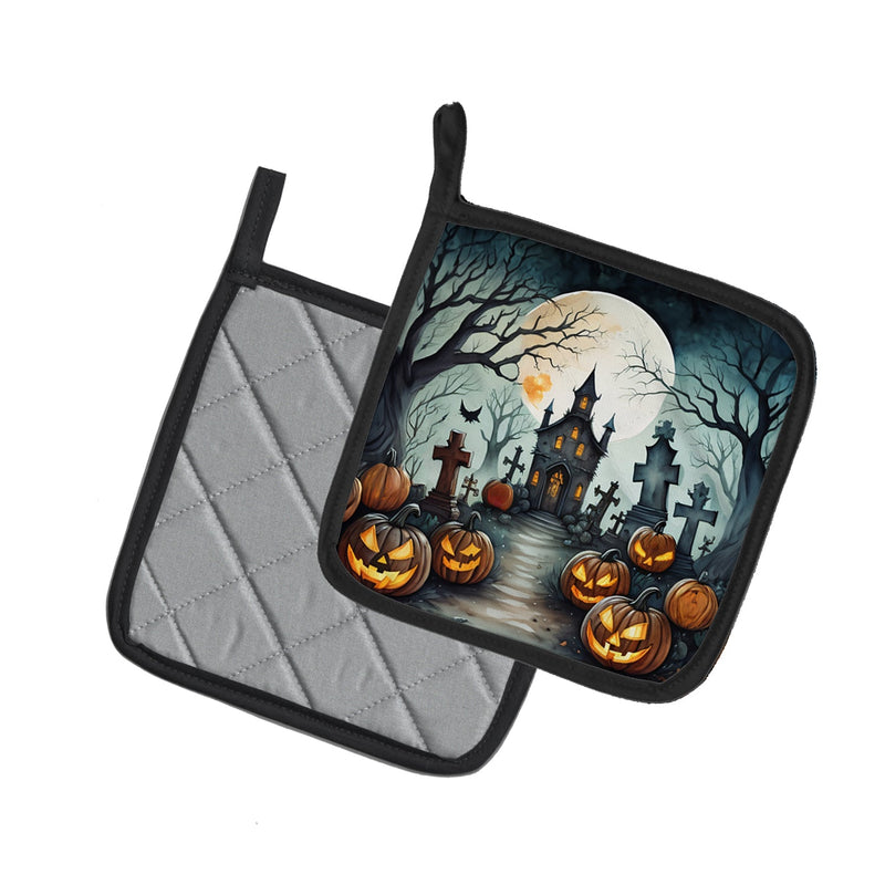 Graveyard Spooky Halloween Pair of Pot Holders