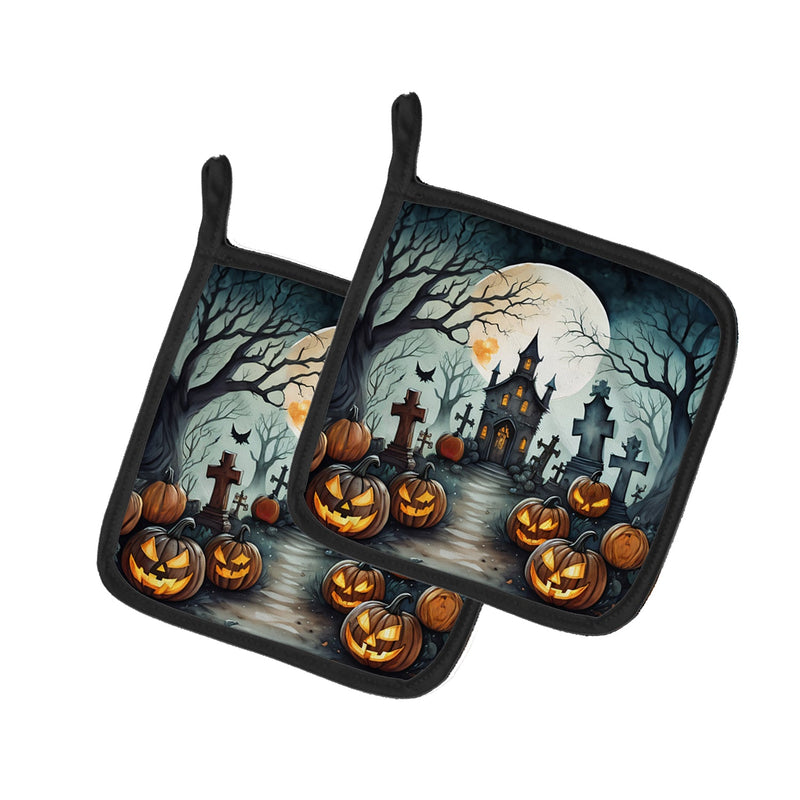 Graveyard Spooky Halloween Pair of Pot Holders