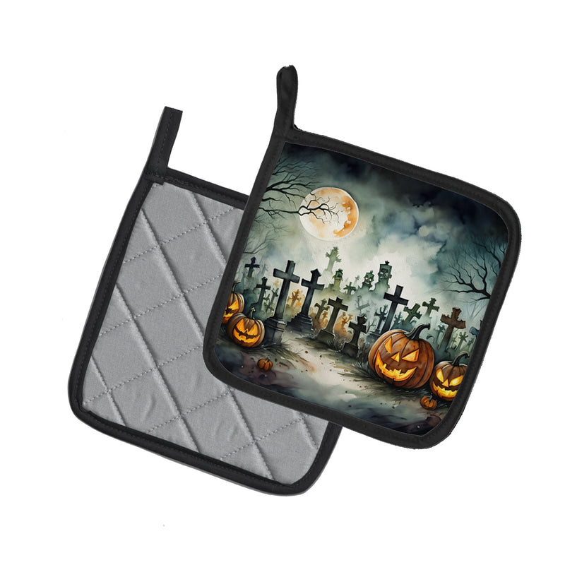 Graveyard Spooky Halloween Pair of Pot Holders